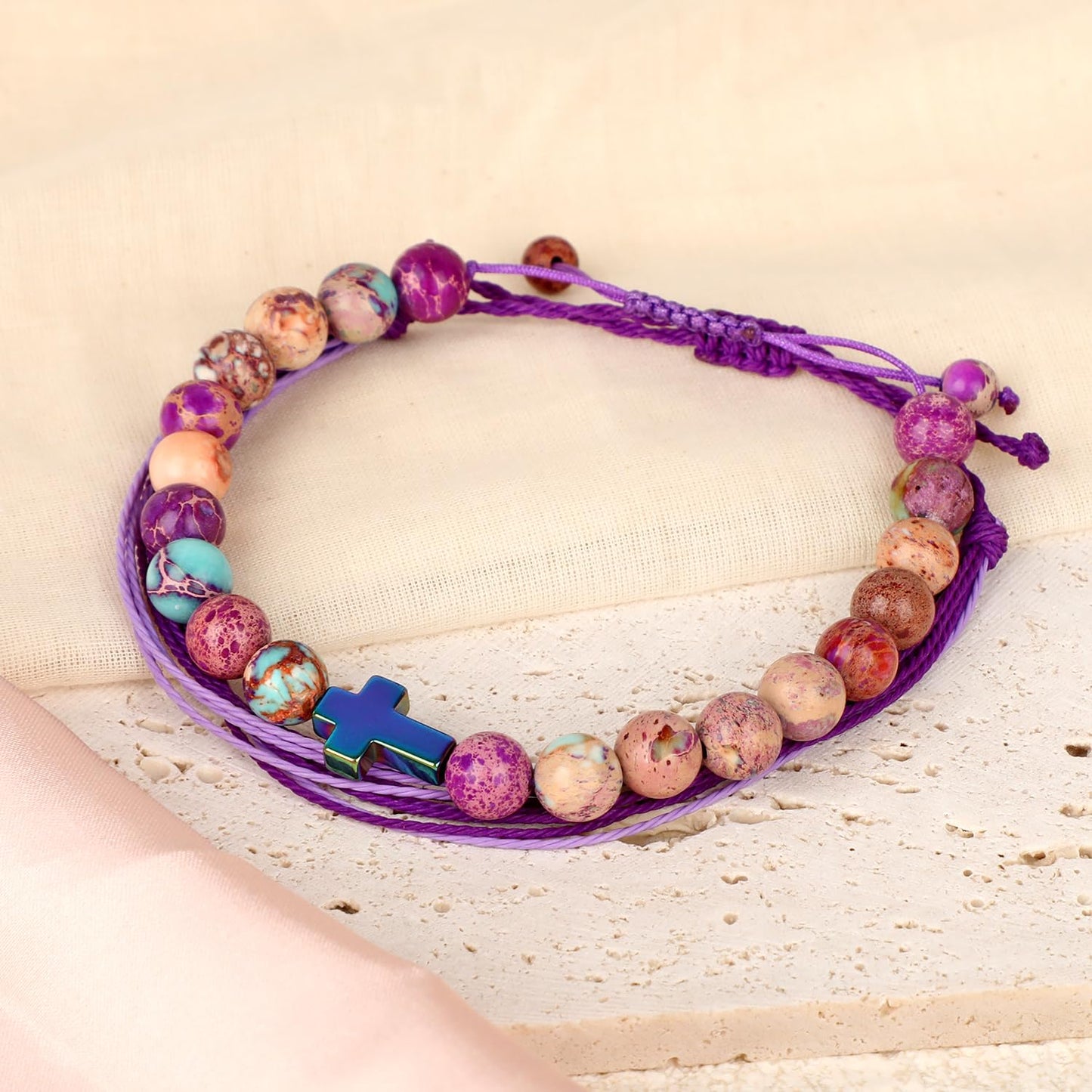 LPBeads 8mm Natural Imperial Jasper Corss Charm Bracelet with Handmade Rope Bracelet Size Adjustable Natural Stone Crystal Healing Bracelets Gifts for Women Girls