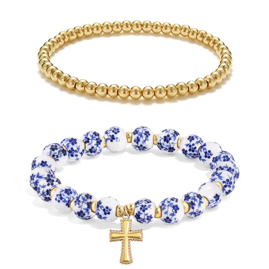 VIBILIA Cross Bracelets for Women, Cross Charm Vintage Jewelry, Flower Beaded Bracelet, Handmade Stretch Jesus Baptism Romantic Christian Birthday Gifts for Women on Easter Mother's Day, Blue Gold