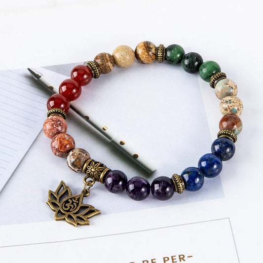 Bivei Beaded Bracelets 7 Chakra Crystal Healing Beads Bracelet Yoga Meditation 8mm Real Stones Anxiety Gemstone Adjustable Braided Bracelet for Women Jewelry (Lotus OM)