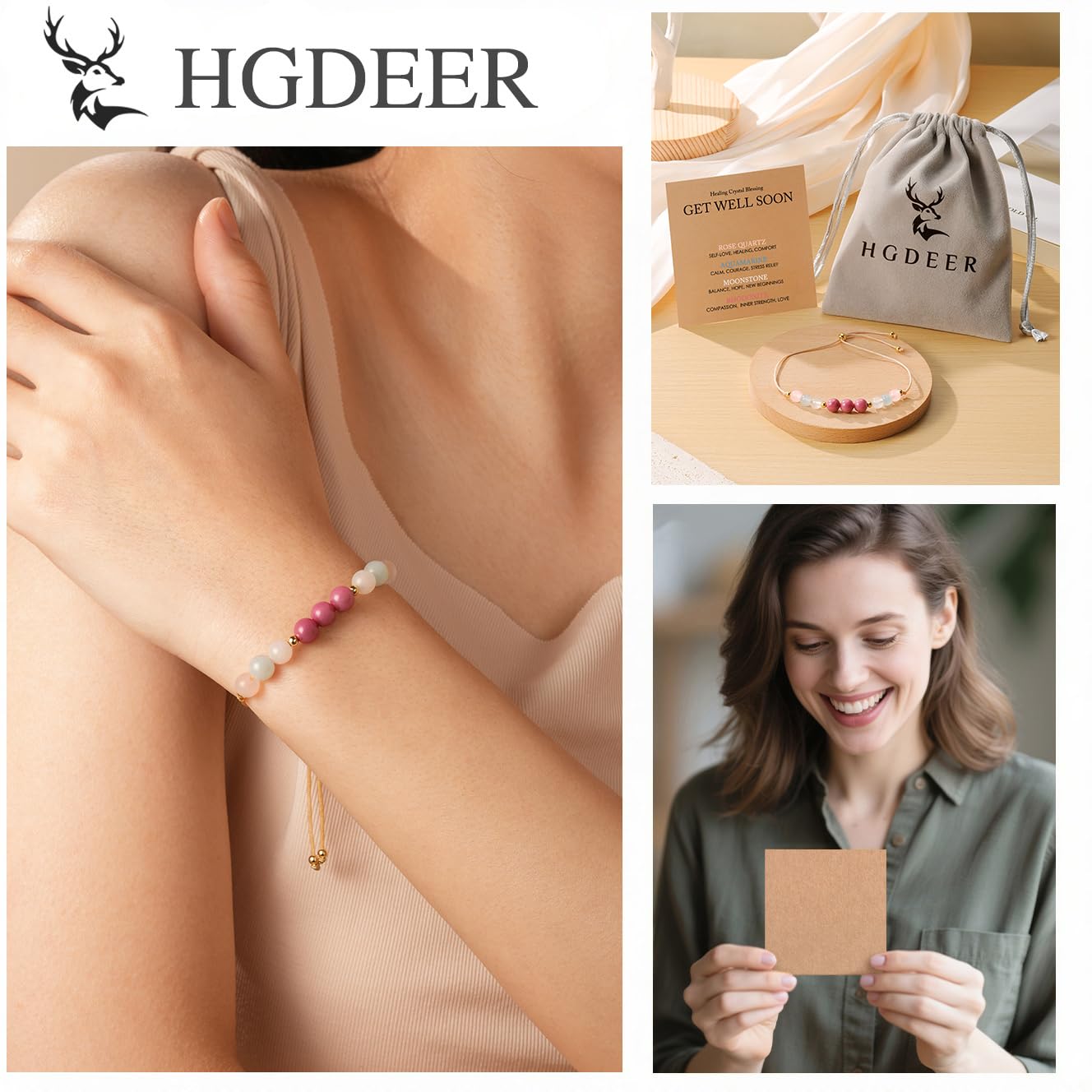 HGDEER Get Well Soon Gifts for Women, Healing Crystals Stones Cards Thinking of You Feel Better After Surgery Encouragement Bracelet