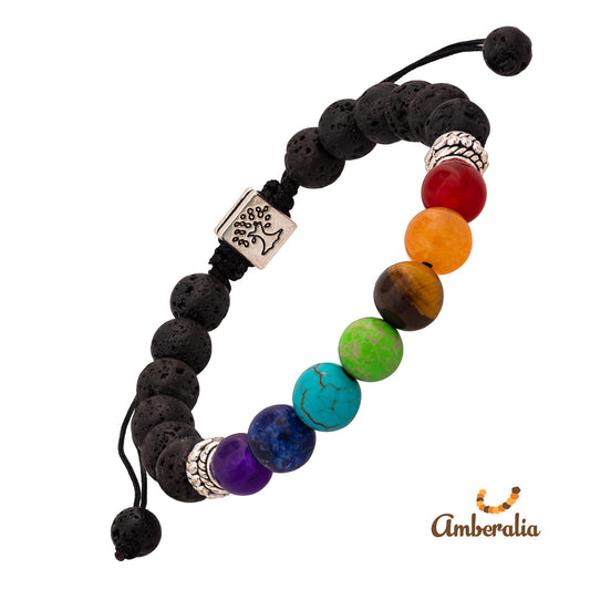 Amberalia Chakra Bracelet, Adjustable, Lava Stone Beads, Tree of Life Charm, Silver