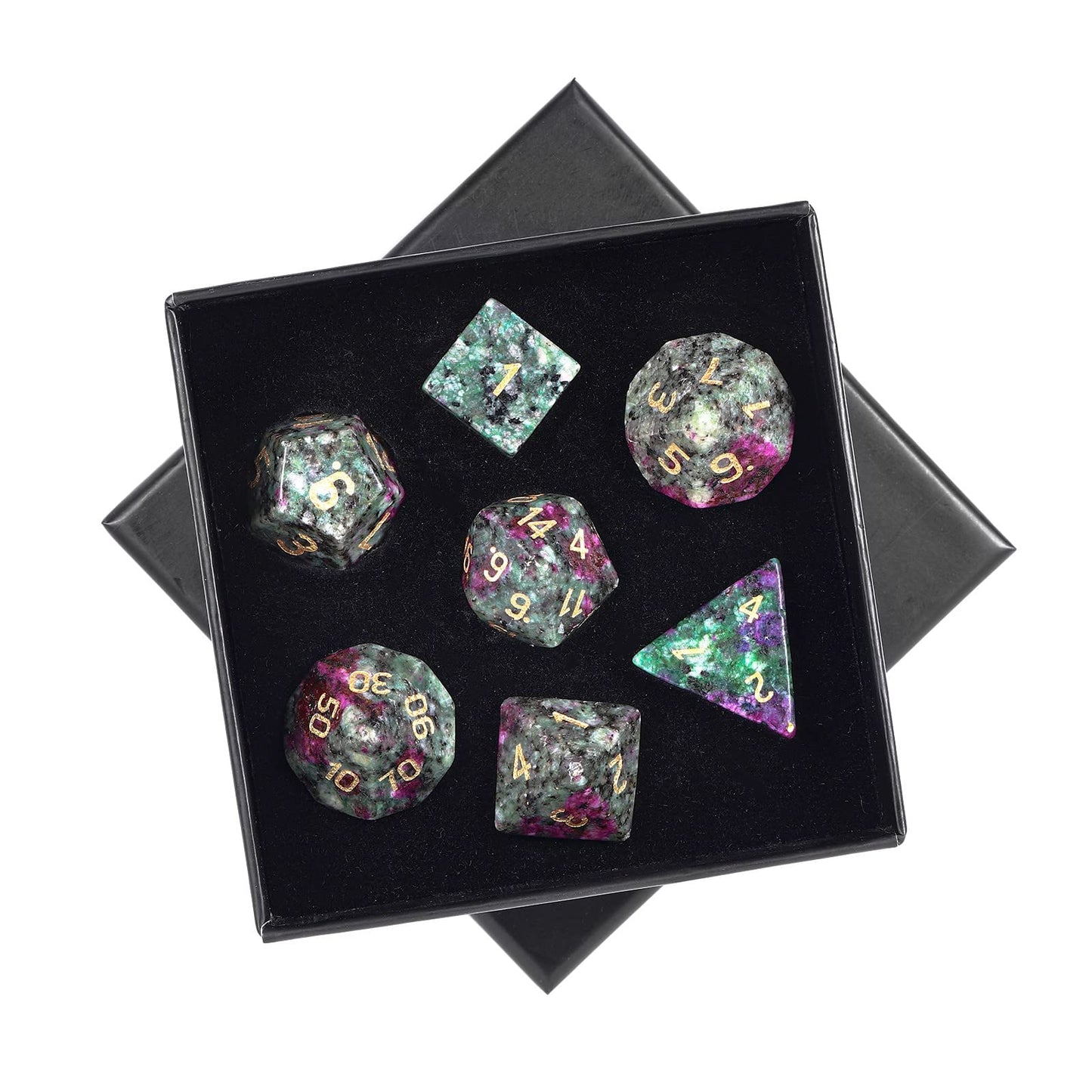 mookaitedecor 7 PCS Ruby in Fuchsite Crystal Polyhedral DND Dice Set, Polished Tumbled Stones Dices for RPG MTG Table Games Home Decoration