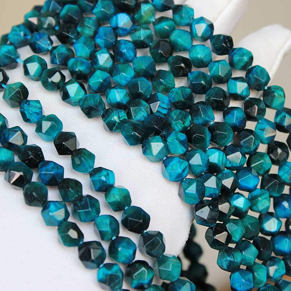 MJDCB Best Sellers Natural Stone Beads Faceted Polygon Sky Blue Tiger Eye Crystal Energy Stone Healing Power for Jewelry Making(8mm)