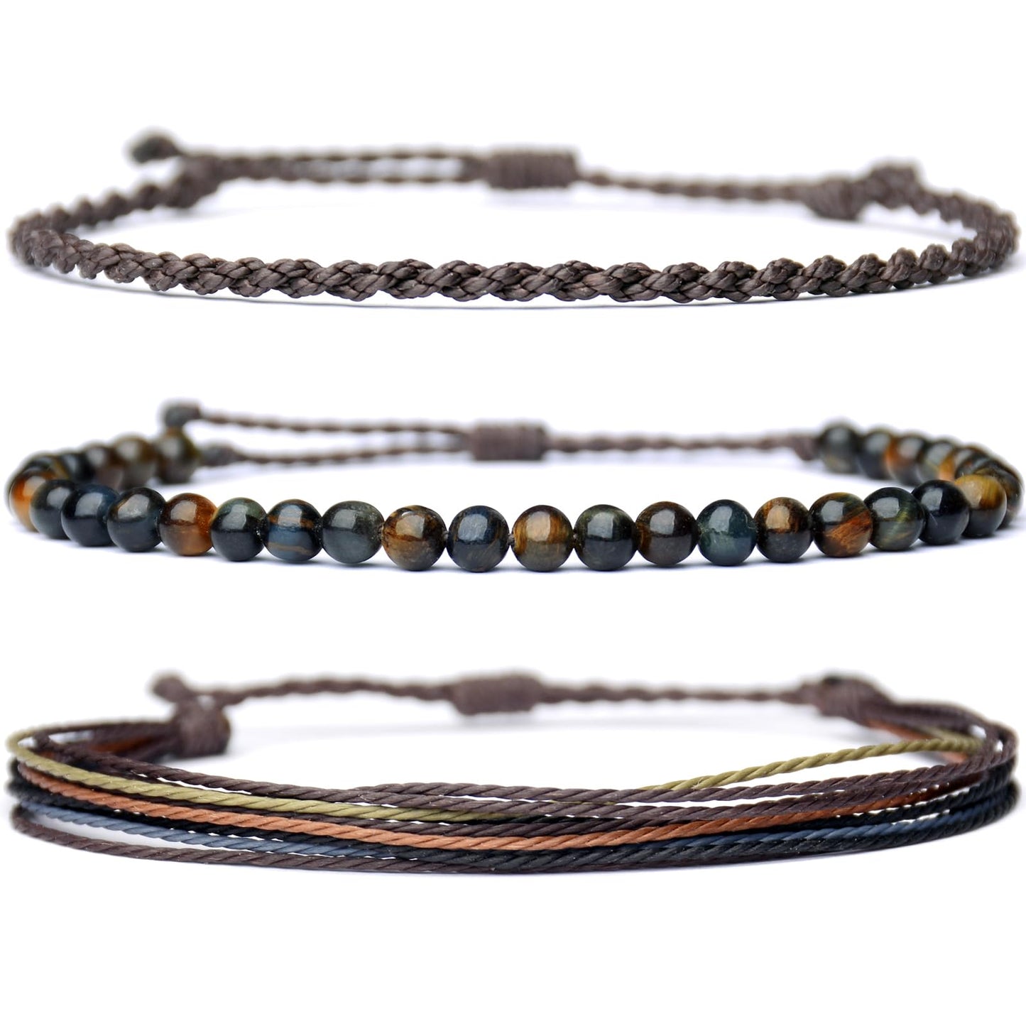 Mezcla Vida Handmade Natural Stone Beaded Healing Bracelet Gift for Men Adjustable Rope String Bracelet (Tiger Eye（Dark）, Adjustable)