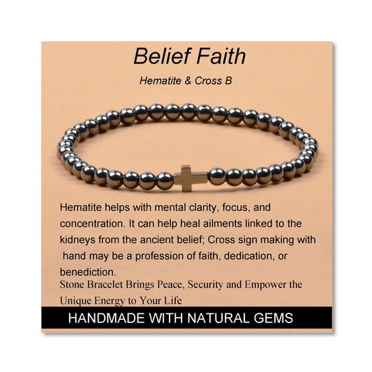 MASSIVE BEADS Hematite and Cross - Belief Faith Handmade Handmade Yoga Stretch Elastic Bracelet Natural Stone Crystal Healing Power Energy Gifts for Unisex Adult 4mm
