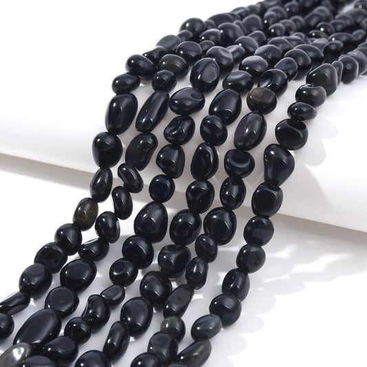 jodaying 6-8mm Natural Black Obsidian Nuggets Oval Free Tumbled Pebble Semi Precious Gemstone Loose Stone Beads Approx 15.5 inch for DIY Jewelry Making