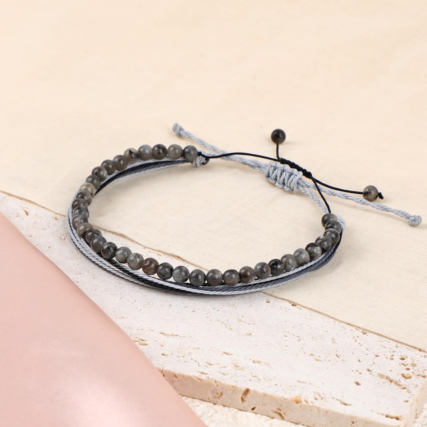 LPBeads 4mm Larvikite Bracelet with Handmade Rope Bracelet Size Adjustable Natural Stone Crystal Healing Bracelets Gifts for Unisex Adults
