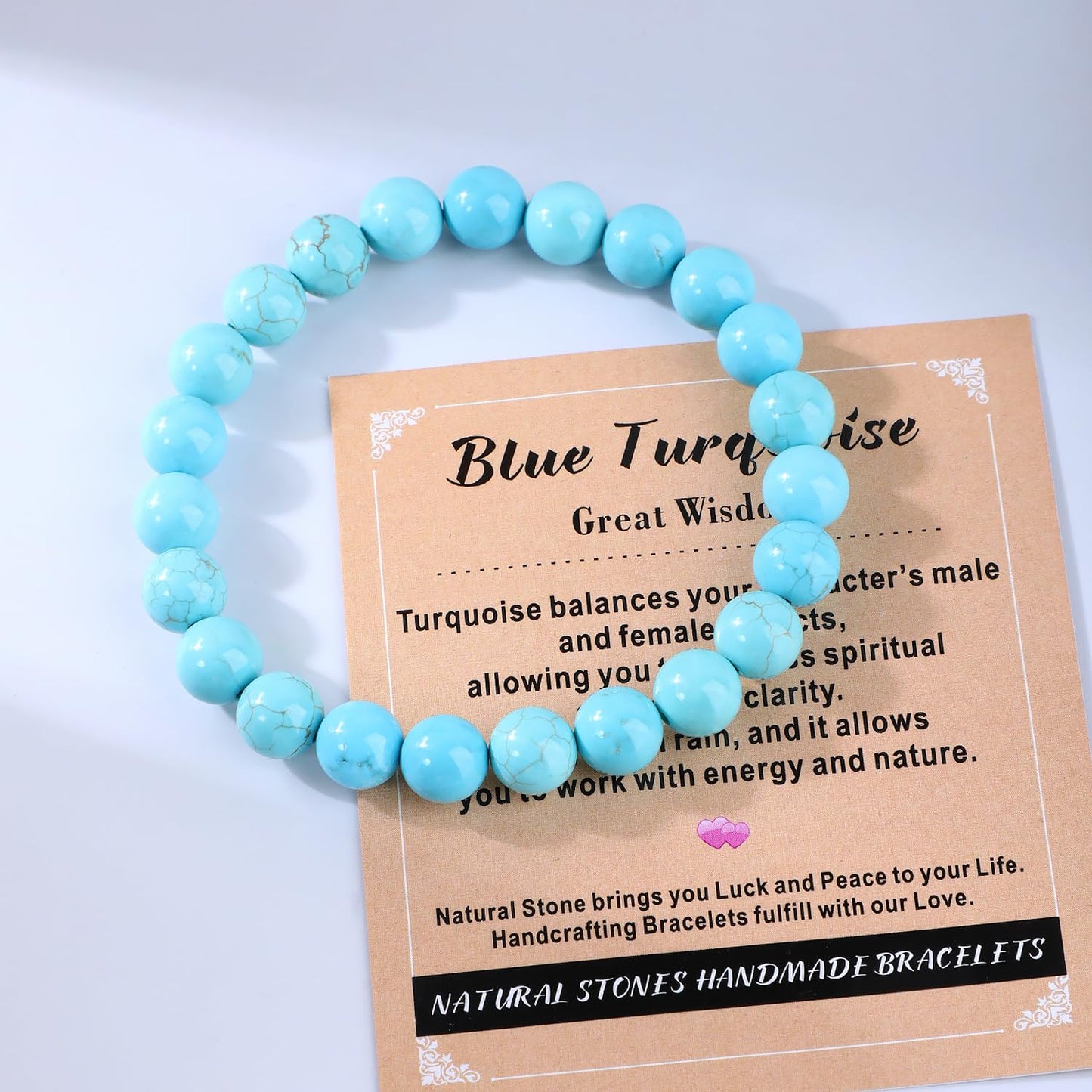 AD Beads 10mm Handmade Blue Turquoise Elastic Bracelet – Natural Gemstone for Great Wisdom – Meditation, Yoga, Healing and Energy Gift for Men Women