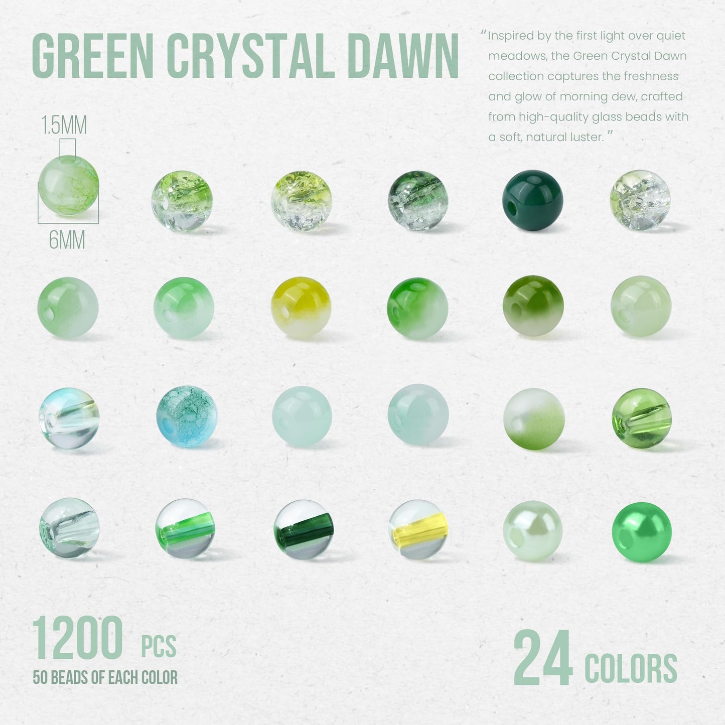 1200PCS Green Glass Beads for Bracelets, 24 Colors 6mm Crystal Beads Bracelets Making Kit and Jewelry Making, Round Green Nature Series Beads for Friendship Bracelets Earring Necklace DIY Crafts
