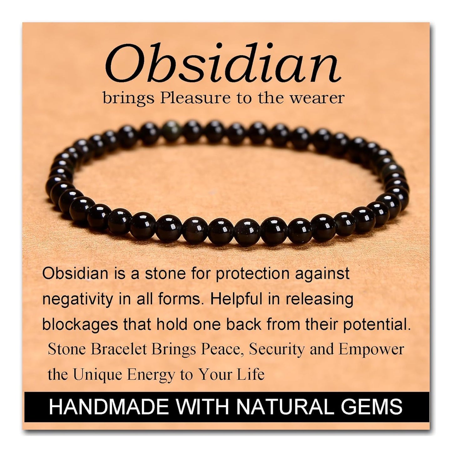 CHELYQST Black Obsidian Bracelet - Stone of Pleasure,Stretch Natural Stone Crystal Beads Jewelry Gifts for Women Men Unisex Adult,4mm