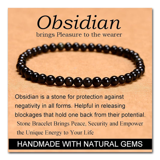 CHELYQST Black Obsidian Bracelet - Stone of Pleasure,Stretch Natural Stone Crystal Beads Jewelry Gifts for Women Men Unisex Adult,4mm