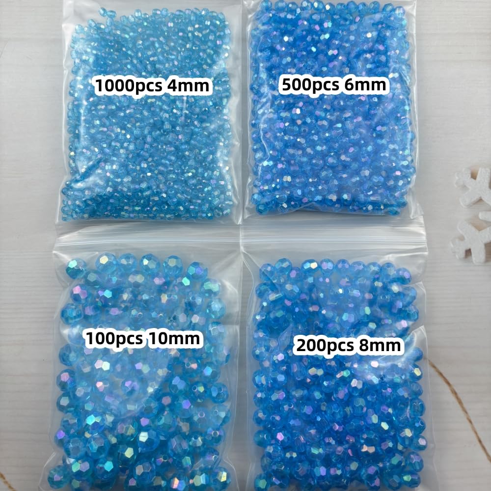 Pinhoollgo 1800pcs Acrylic Faceted Round Beads 4mm 6mm 8mm 10mm AB Colors Glossy Acrylic Round Spacer Beads with Hole for DIY Bracelet Necklace Jewelry Making Supplies Handmade Craft(Lake Blue AB)