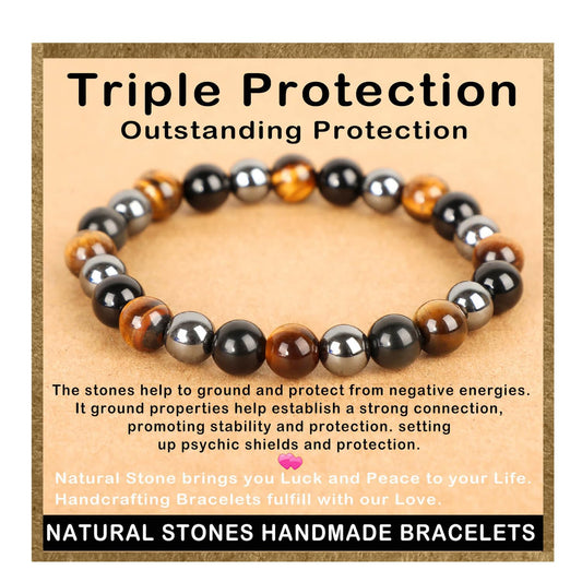AD Beads Handmade Gemstone Stretch Elastic Bracelet Crystal Healing Reiki Nature's Beauty and Spiritual Essence Unisex (8mm, Triple Protection (Strong Protect))