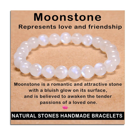 AD Beads Handmade Gemstone Stretch Elastic Bracelet Crystal Healing Reiki Nature's Beauty and Spiritual Essence Unisex (8mm, Moonstone (Love and Friendship))
