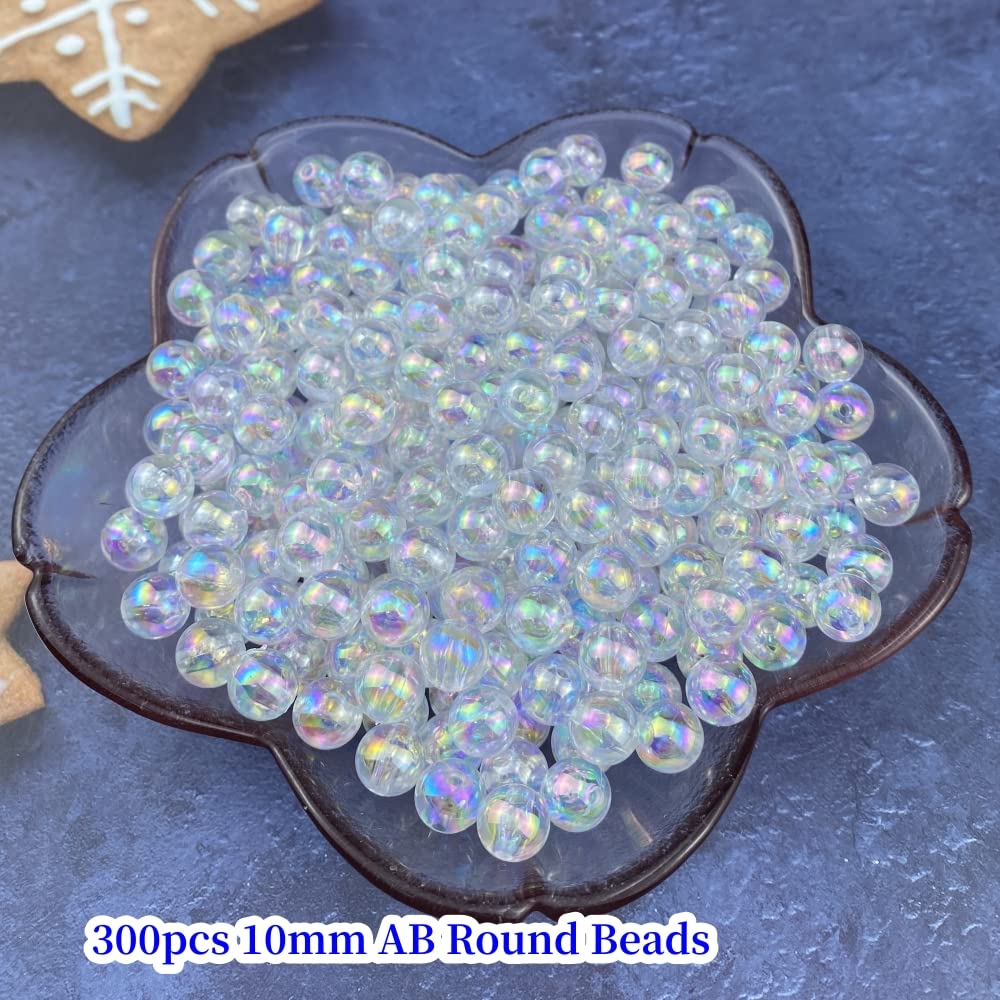 300 Pcs 10mm Acrylic Round Beads AB Colors Round Spacer Beads for Earring Bracelet Necklace Key Chains Jewelry DIY Craft Making(Clear AB)