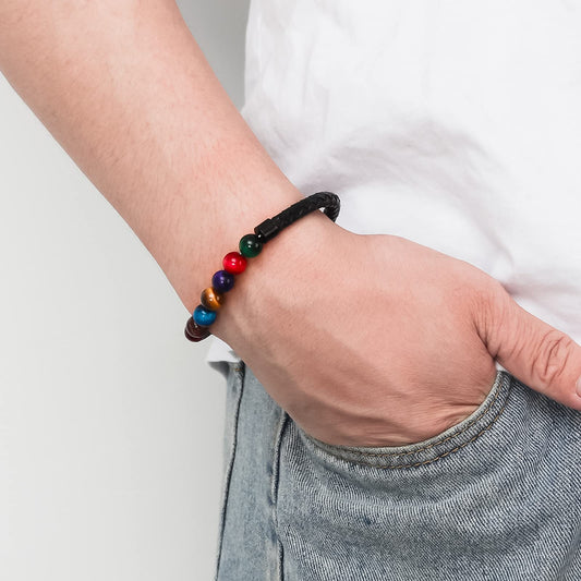 Ckysee 7 Color Tiger Eye Stone Healing Balancing Genuine Leather Beads Bracelet Magnetic Clasp Bracelet 8.5"