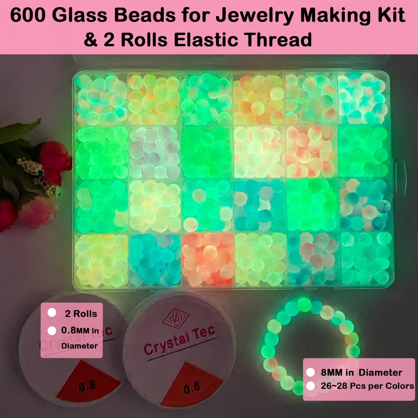 JHYlilia Glow in The Dark Glass Beads for Jewelry Making, 600Pcs 8MM 24 Grids Crystal Gemstone Beads Round Spacer DIY Craft Beads for Bracelet Necklace Earrings Phone Lanyard Wedding Decor