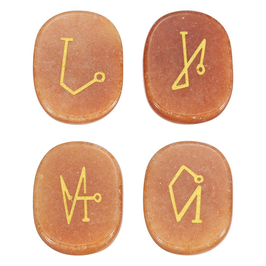 MECCANIXITY 4Pcs Engraved Chakra Stones with Reiki Symbols, Red Aventurine Reiki Healing Crystal Gemstone 7 Chakra Crystal Stones Tumbled Palm Stone for Anxiety Relieve