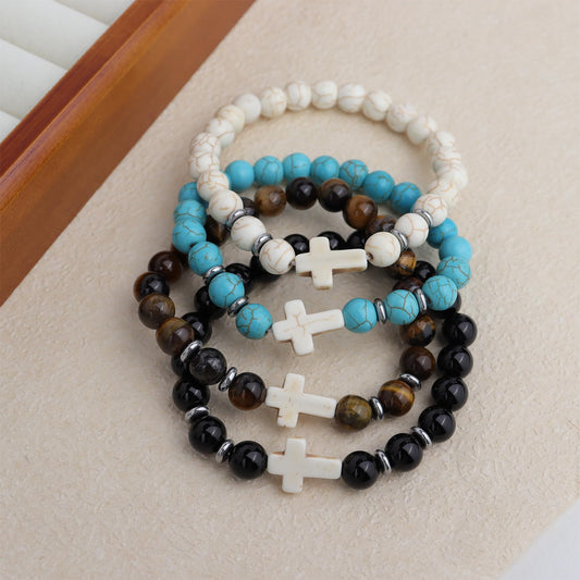 Frigotine White Cross Gemstone Beaded Stretch Protection Bracelet for Man Woman, Handmade Healing Stone Chakra Beads Elastic Bracelets Religious Accessories Fashion Jewelry Fathers Gift