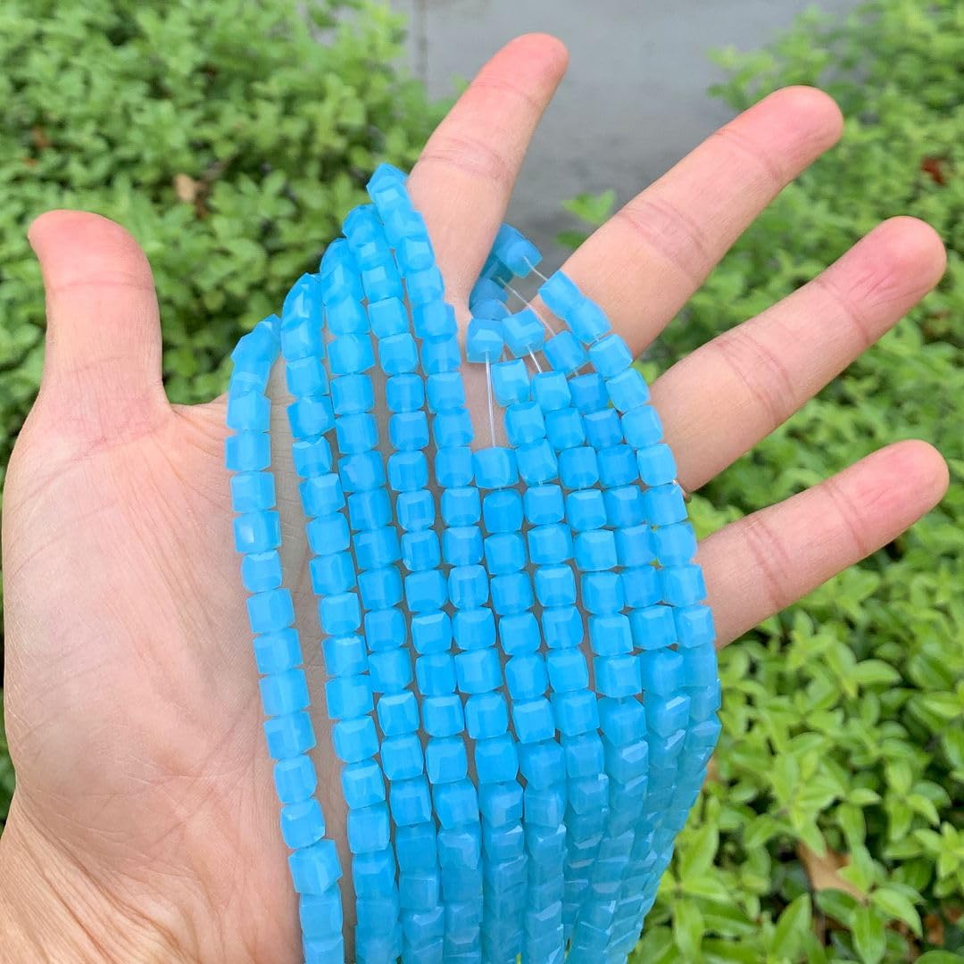 100pcs Czech Faceted Cube Crystal Glass Loose Beads Spacer 6mm (0.24 Inch) Blue Turquoise Opal for DIY Jewelry Craft Making CCC631