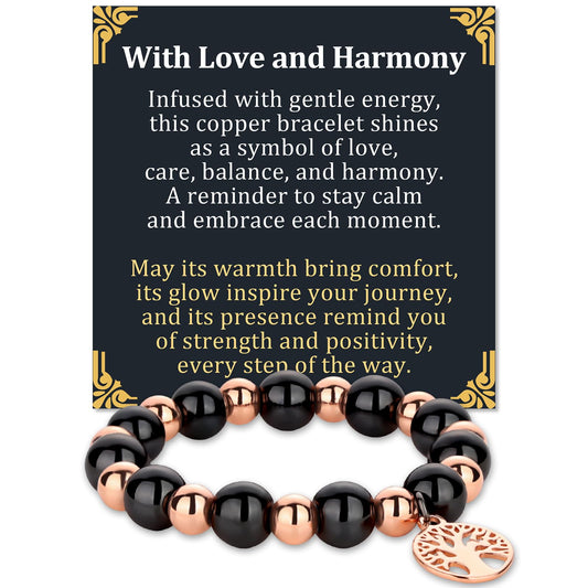 Fashtour Copper Beads Bracelet for Women and Men, Adjustable 99.99% Pure Copper Beads with 10mm Hematite Stones, Magnetic Beaded Jewelry Gift with Tree of Life Charm (10mm)