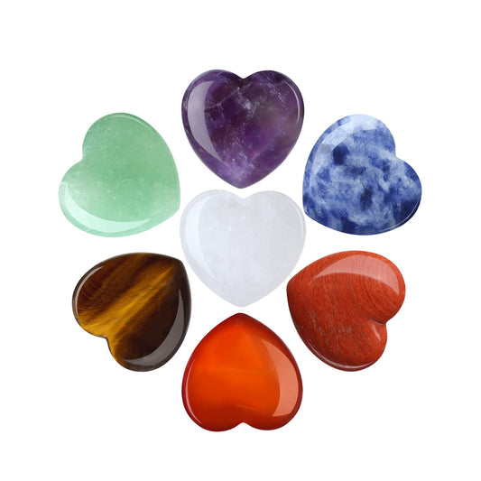 YATOJUZI 7 Chakra Natural Heart Healing Crystals Rose Quartz Amethyst Heart Love Stones Set Bulk Polished Pocket Palm Thumb Gemstones Chakra Reiki Balancing 0.8 inches