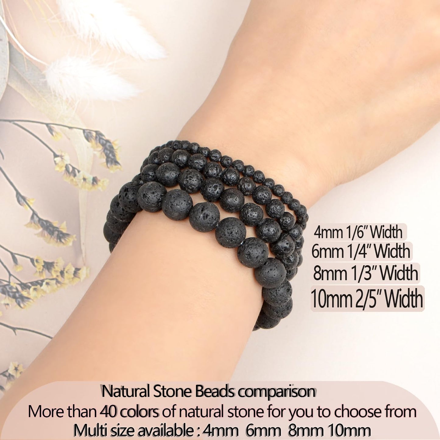 LPBeads Handmade Natural Gemstone Stretch Elastic 8mm Black Lava Bracelet Healing Crystal Round Stone Beads Jewelry Gifts for Women Men