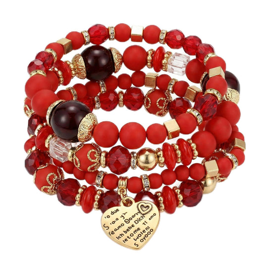 Ysenchan Bohemian Bracelet Set for Women, 4 Pcs Beaded Stackable Bracelets with Heart Charm, Stretch Bracelets, Boho Jewelry Gift – [Red]