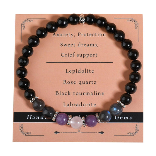 Gracayfr Anxiety Relief Bracelet Protection Black Tourmaline Labradorite Lepidolite Rose Quartz Healing Crystal Grief Support Gifts Items Jewelry Women Lepi Ros Labra