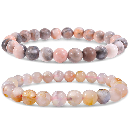 Bivei Natural Gemstone Semi Precious Crystals Handmade Stretchy Round Beads Bracelet, Enhance Positive Energy,Stocking Stuffers for Women(Pink Jasper & Sakura Agate (Positive Energy& Love) Large)