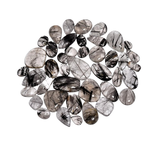 Natural 5, 4 & 3 Pcs Gemstones Cabochons Lot (15–30 MM), Multi Shape Stones for Jewelry Making Supplies Healing Crystals Gems Loose Gemstones (black rutile, 5pcs)