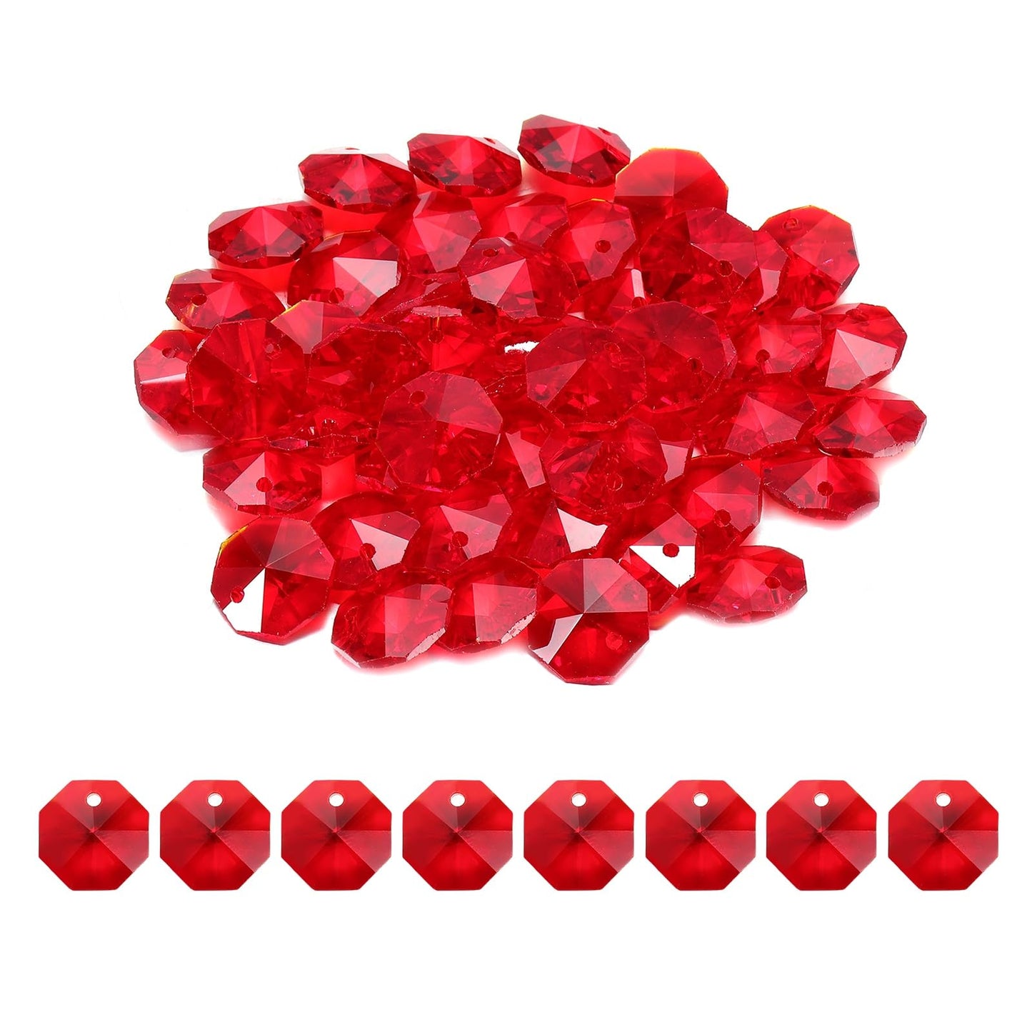 uxcell 50Pcs 1 Hole Crystal Octagon Beads, 14mm K9 Glass Hanging Chandelier Beads Prisms Parts for Crystal Chandeliers Lamp Hanging Pendant Jewelry DIY Craft, Red