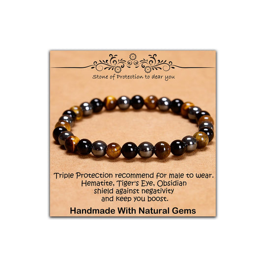 CHCCOYE 6mm Natural Healing Gemstone Bracelet Handmade Yoga Stretch Elastic Bracelet Stress Relief Crystal Jewelry for Men and Women (6mm,Triple Protection)