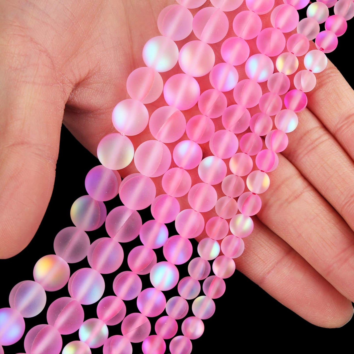 Matte Pink Aurora Crystal Glass Beads, 6MM Frosted Glitter Shining Mermaid Round Loose Beads, Rainbow Holographic Synthetic Moonstone for Jewelry Making DIY Bracelet