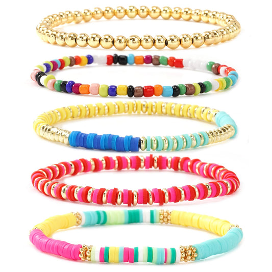Bohxantium Gold Beaded Friendship Bracelets Stack for Women Boho Colorful Heishi Clay 14K Gold Plated Beads Ball Stackable Stretch Surfer Preppy Bracelet Jewelry Birthday Christmas Gifts for Women