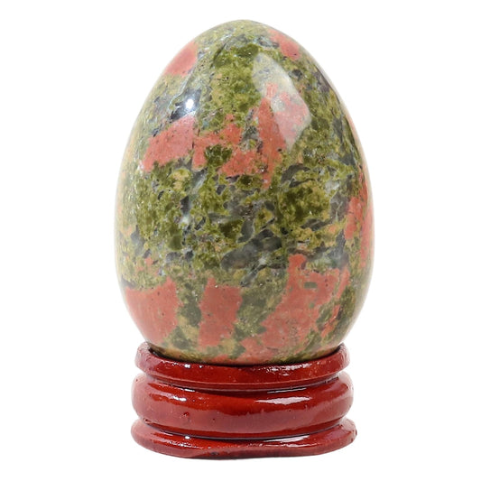 Casaper 2" Natural Unakite Egg with Wood Stand for Home Decoration, Polished Crystal Pocket Palm Sphere Fengshui Figurines Healing Reiki