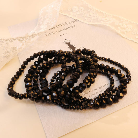 Asphinien Vintage Stackable Beaded Stretch Bracelet Set 7 Pieces Bohemian Sparkly Elastic Beaded Hand Chain Boho Multicolor Acrylic Faux Crystal Accessories (Black)