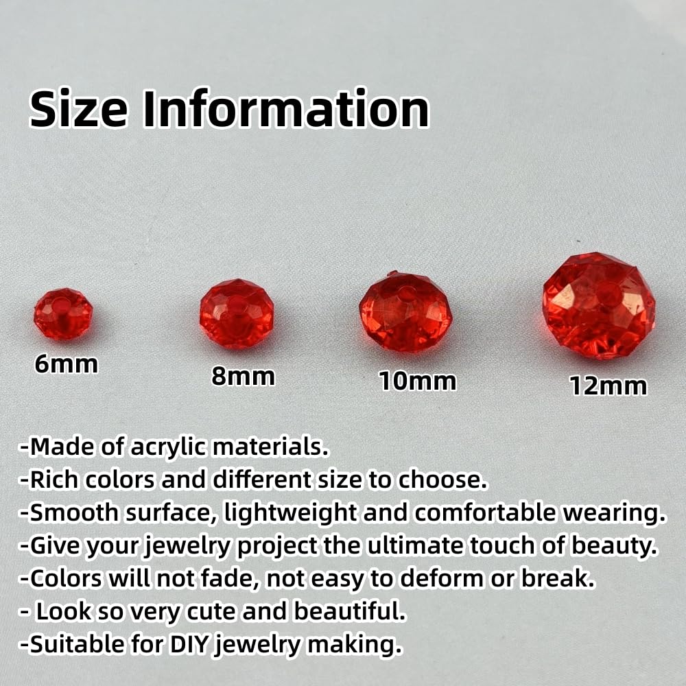 YHYPOCI 200pcs 10mm Acrylic Crystal Beads, Faceted Rondelle Acrylic Spacer Beads for Wind Chimes Bracelet Necklace Earring Keychain Jewelry Making DIY Crafts(Red)