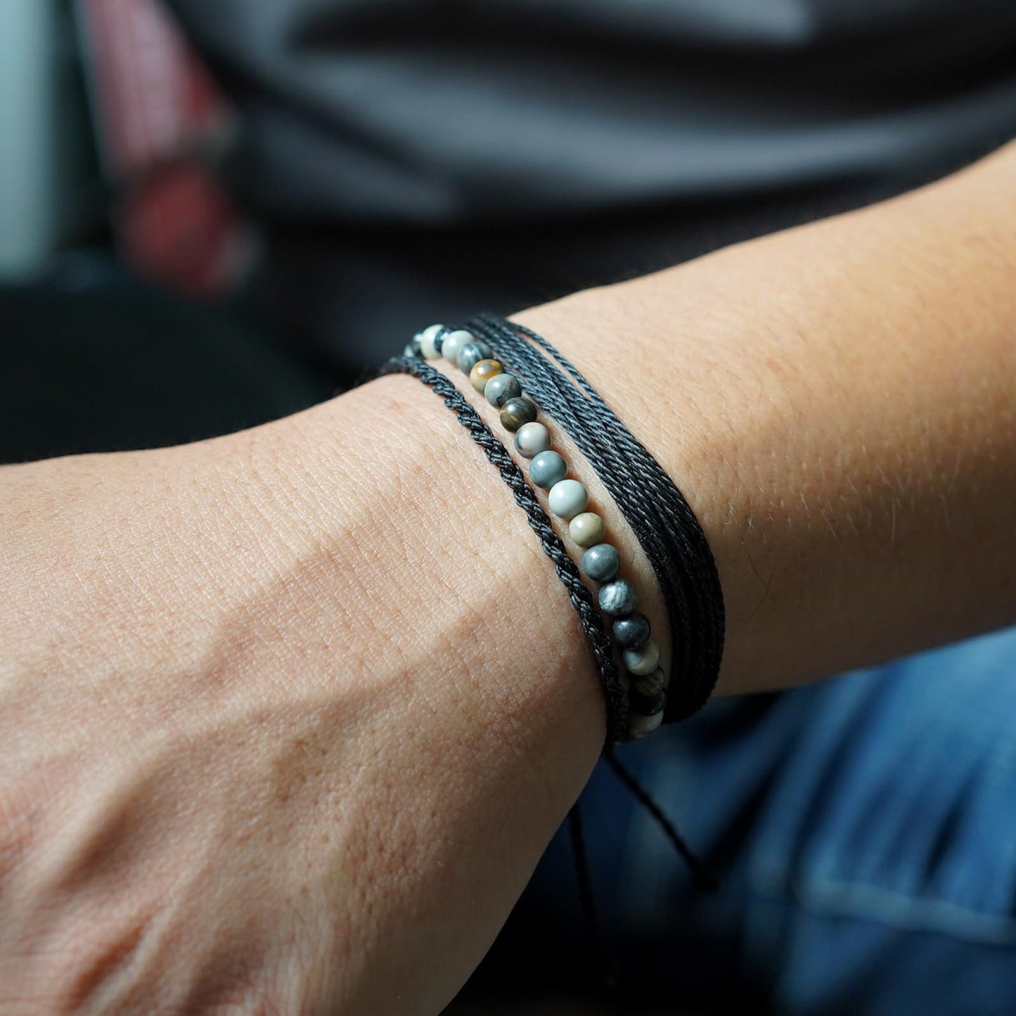 Handmade Natural Stone Beaded Healing Bracelet Gift for Men Adjustable Rope String Bracelet (Black Picasso, Adjustable)