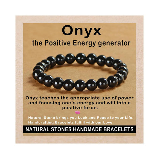 AD Beads Handmade Gemstone Stretch Elastic Bracelet Crystal Healing Reiki Nature's Beauty and Spiritual Essence Unisex (8mm, Black Onyx)