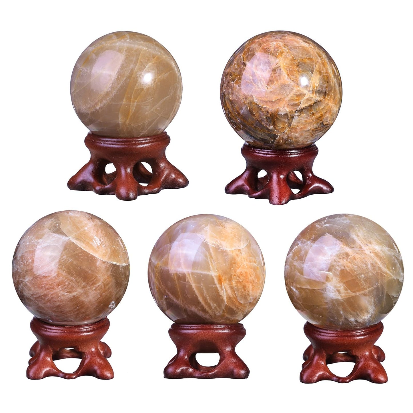 Nupuyai Natural Orange Moonstone Crystal Ball with Resin Stand, Healing Crystal Sphere for Home Decor 1.61"-1.97"(41mm-50mm)