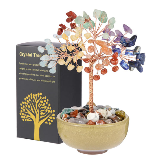 Handcrafted 7 Chakra Abundance Tree with Ceramic Base,5 Inch Natural Crystal Feng Shui Bonsai for Prosperity,Harmony & Energy Flow,Premium Healing Stone Decor for Home & Sacred Spaces