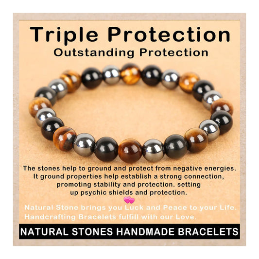 AD Beads Handmade Gemstone Stretch Elastic Bracelet Crystal Healing Reiki Nature's Beauty and Spiritual Essence Unisex (6mm, Triple Protection (Strong Protect))