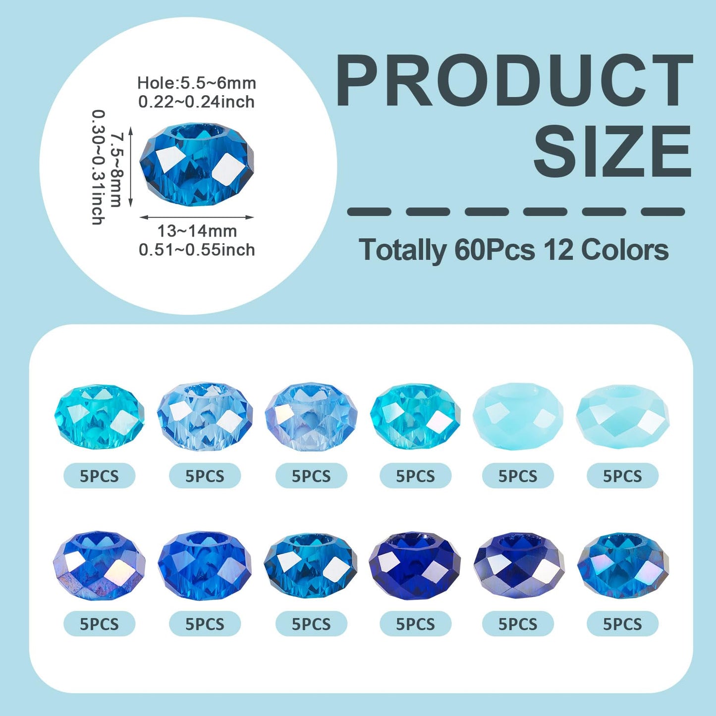 Craftdady 60Pcs Blue Color Theme European Beads Large Hole Faceted Glass Bead Blue Rondelle Bead Crystal Loose Spacer Beads for Jewelry Making DIY Pens Snake Chain Charm,12 Colors