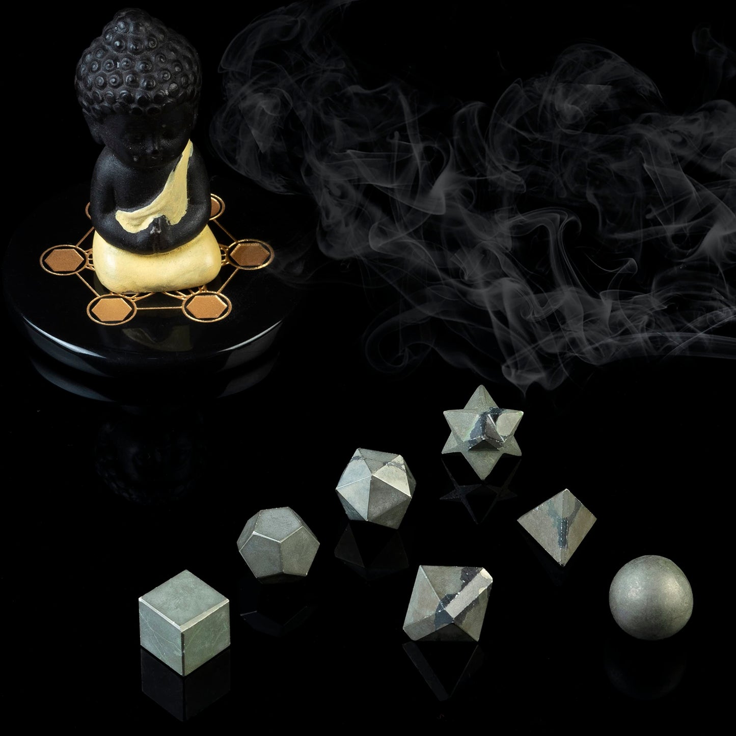 Crocon Golden Pyrite 7 Pcs Platonic Solids Crystal Geometry Set, Platonic Solids Sacred Geometric Stones for Meditation Reiki Balancing Healing Chakra Stone Cleansing Spiritual Good Luck (15-20 mm)