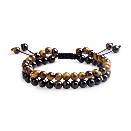 Atminafays 6MM Stackable Healing Bracelet for Women & Men - Tiger's Eye & Obsidian for Courage & Protection, Adjustable Boho Beaded Bracelet