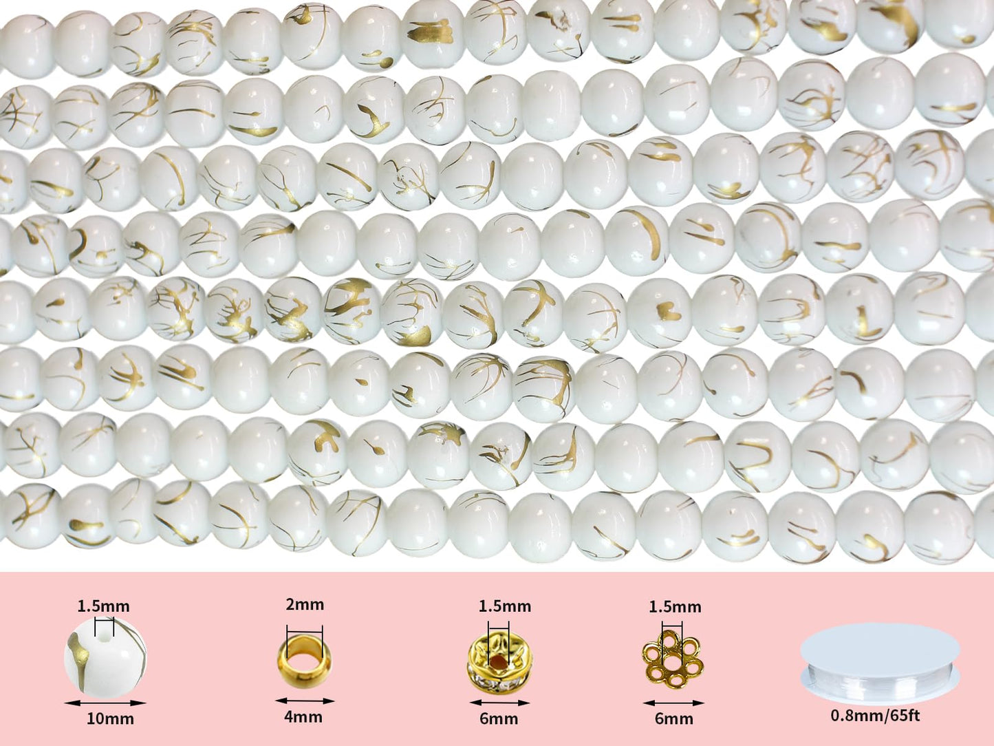 Pamir Tong 500PCS 10mm White Round Glass Beads Bracelet Space Loose Smooth Beads for Jewelry Making, Earring, Necklaces, Keychains, Lanyards & Adult Crafting
