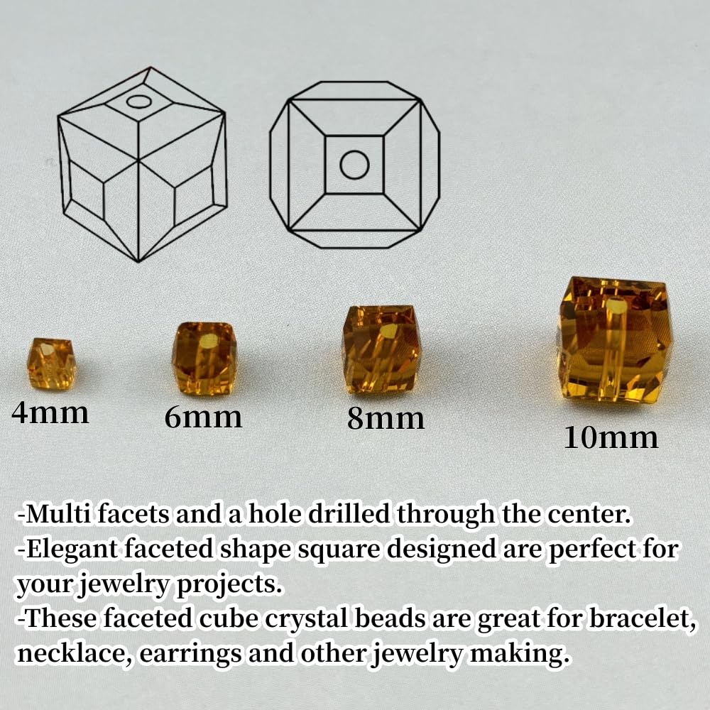 YUEXIGO 100pcs 6mm Cube Crystal Glass Beads for Jewelry Making Faceted Square Crystal Glass Bead Spacer Beads Loose Beads for Bracelet Earring Necklace DIY Craft(Amber)