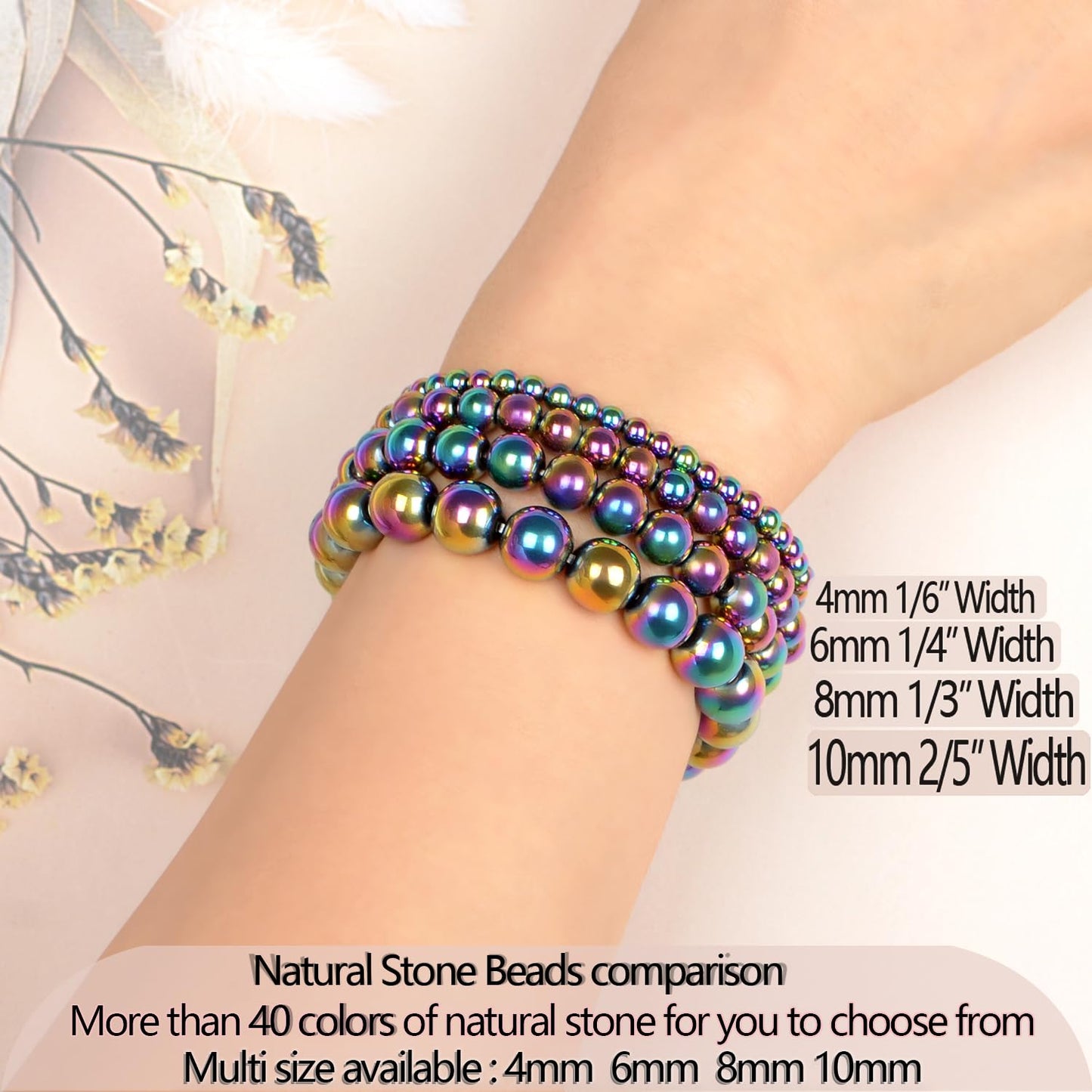 LPBeads Handmade Natural Gemstone Stretch Elastic 6mm Rainbow Coated Hematite Bracelet Healing Crystal Round Stone Beads Jewelry Gifts for Women Men