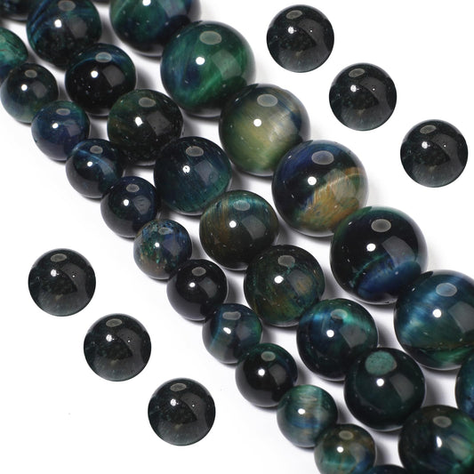 Yochus Natural Tiger Eye Beads, 60Pcs 6MM Milky Way Blue Green Color Enhance Round Loose Stone Bulk, DIY Charm Smooth Gemstone Beads for Jewelry Making